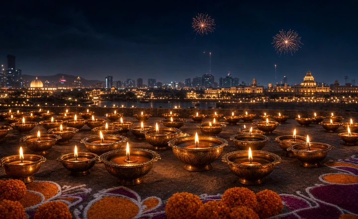 Festive evening with diyas and fireworks